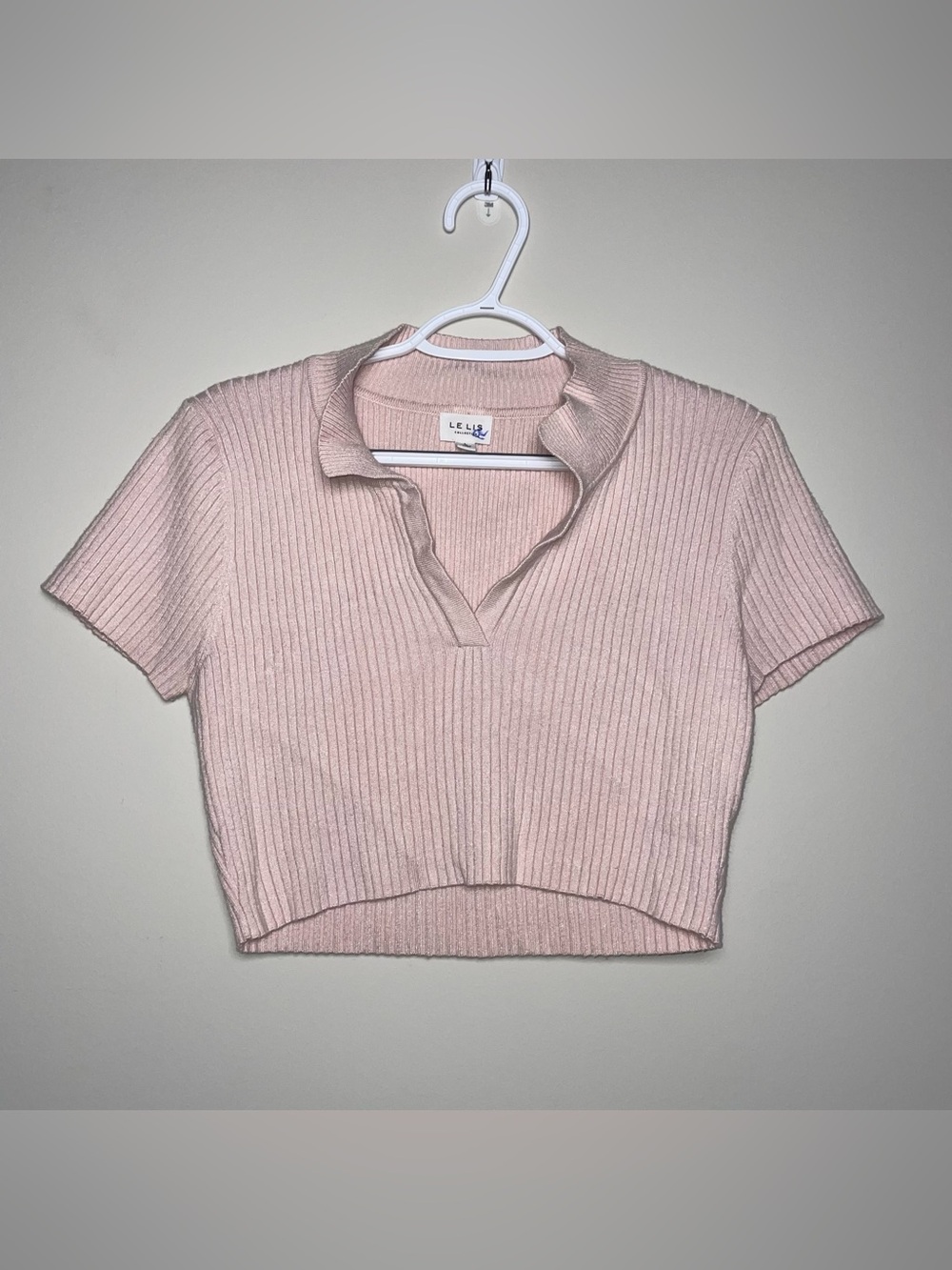 Le Lis Collection L Light Pink Collared Ribbed Knit Crop Top Preppy Clean Girl